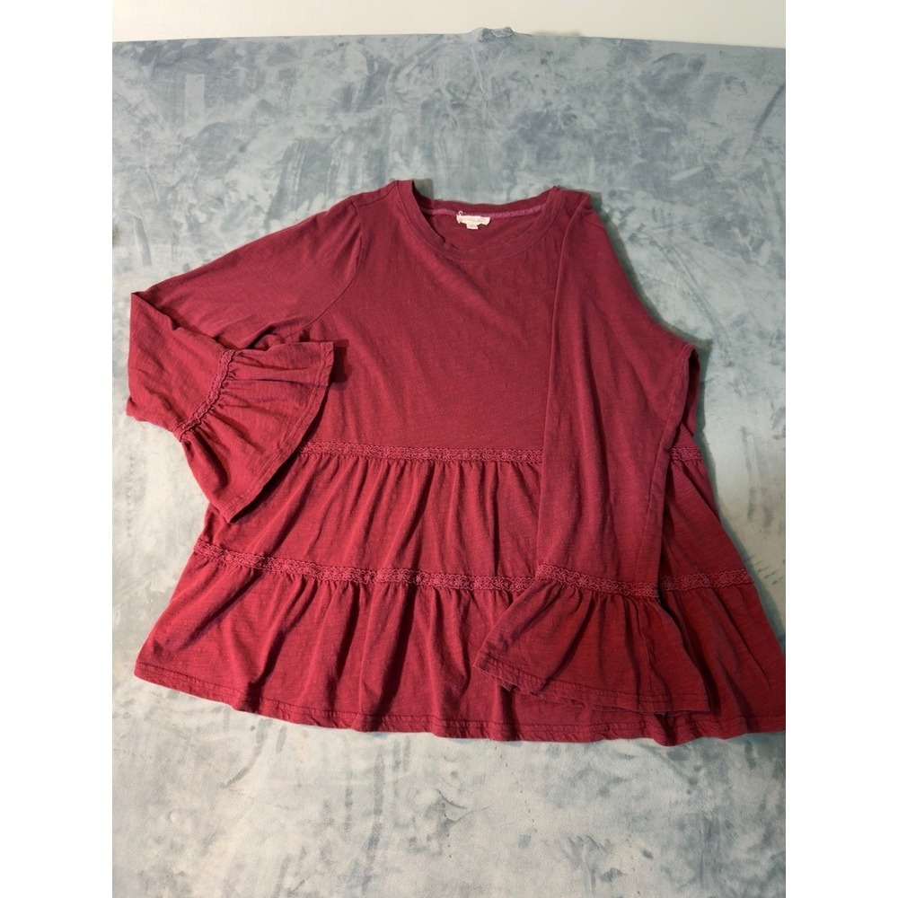 Cotton Bleu Burgundy Tiered Babydoll Top Long Bell Sleeve Lace Trim Large